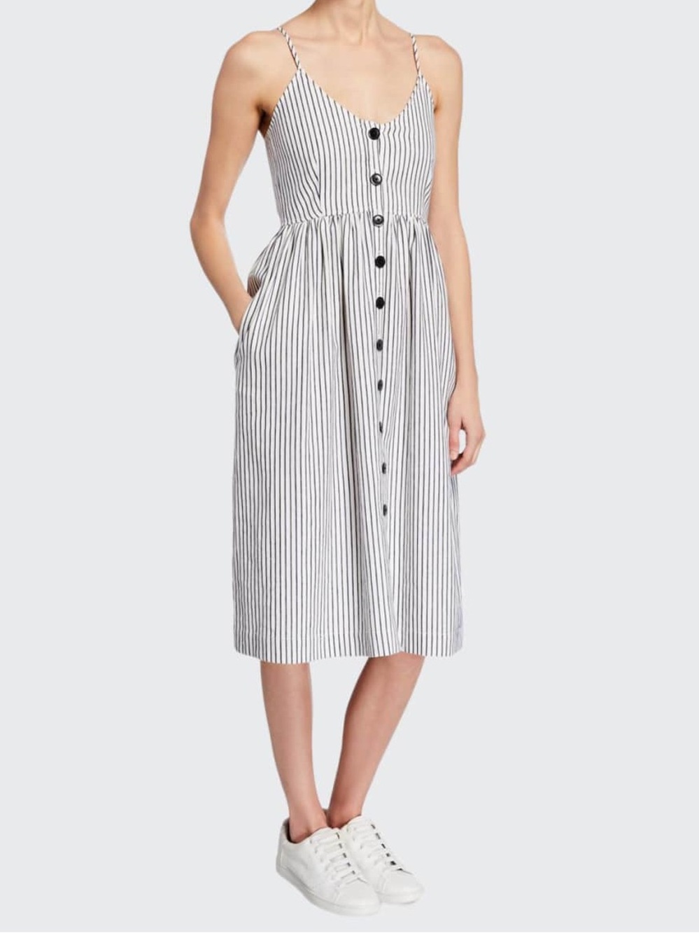 ATM Linen Blend Striped Button Front Spaghetti Strap Sundress White Blue Small